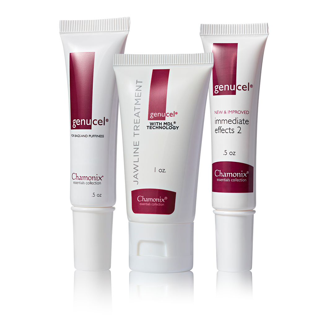 A collection of products from Genucel Skincare called the genucel jawline essentials package. Includes a tube of genucel for under eye bags and puffiness, a tube of genucel jawline treatment, and a tube of genucel immediate effects 2.