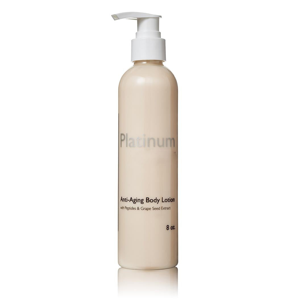 Platinum anti-aging body lotion bottle on a white background