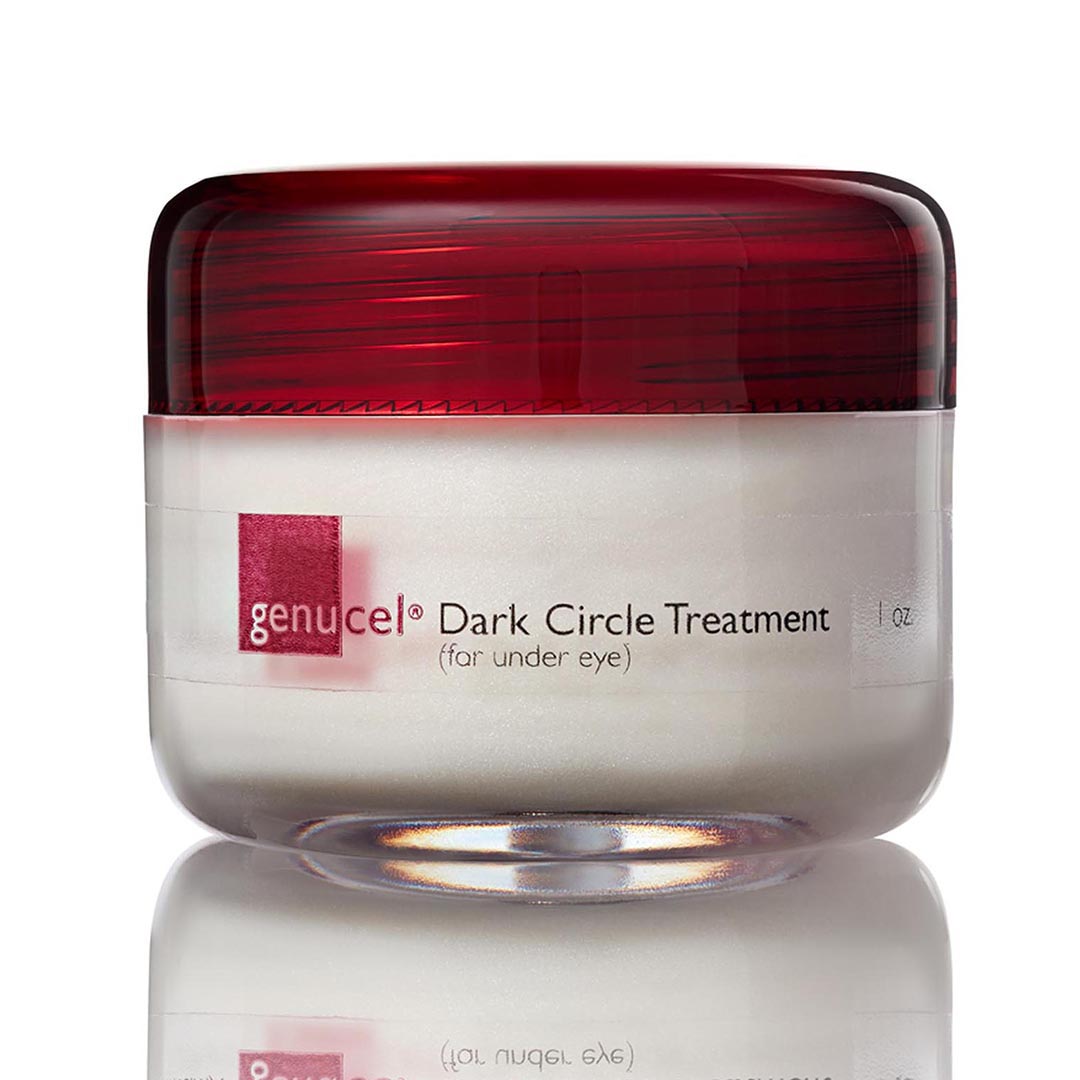 Genucel Dark Circle Treatment jar with red lid on a white background