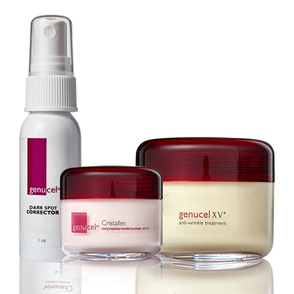 Genucel skincare products including a spray bottle, two jars, and a tube on a white background