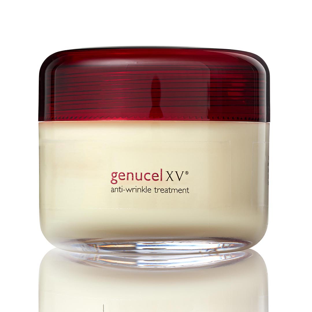 Genucel XV anti-wrinkle treatment jar with red lid on a white background