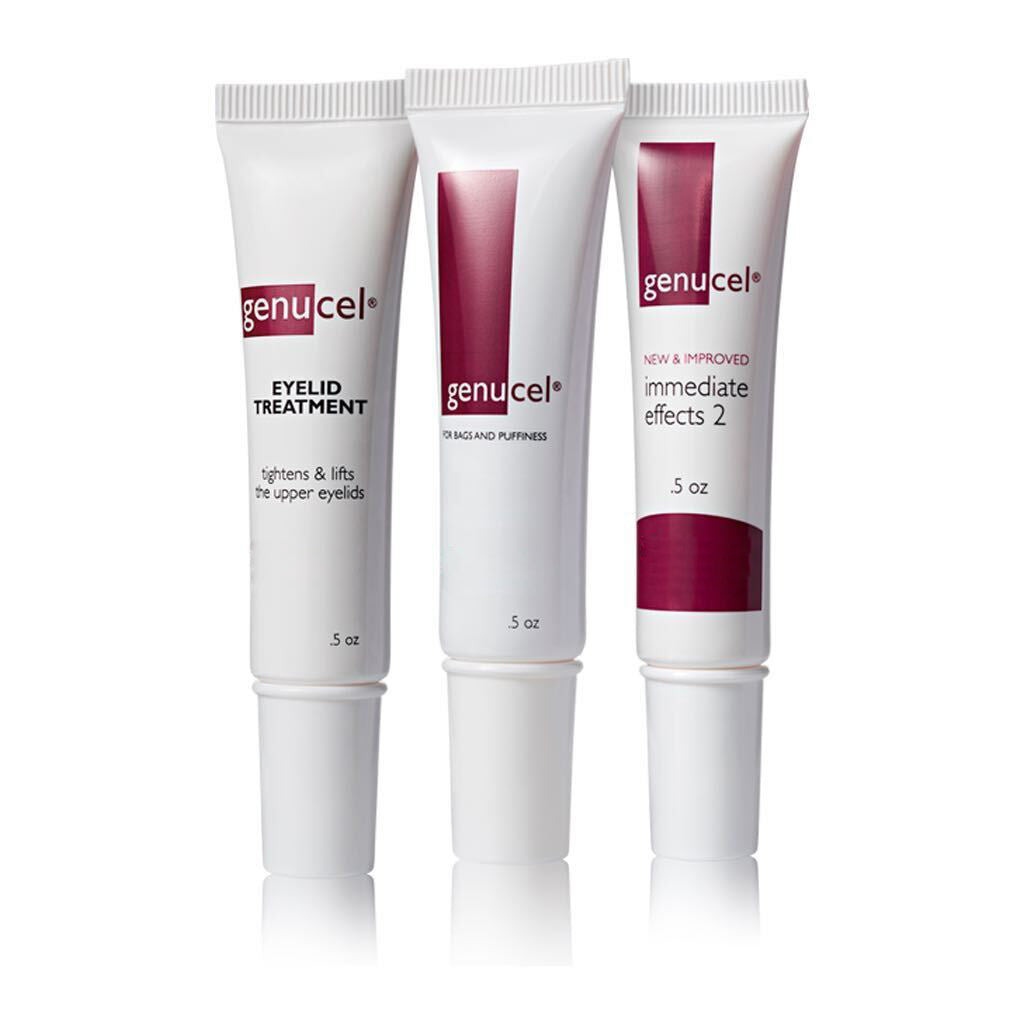 Three tubes of genucel eyelid treatment on a white background
