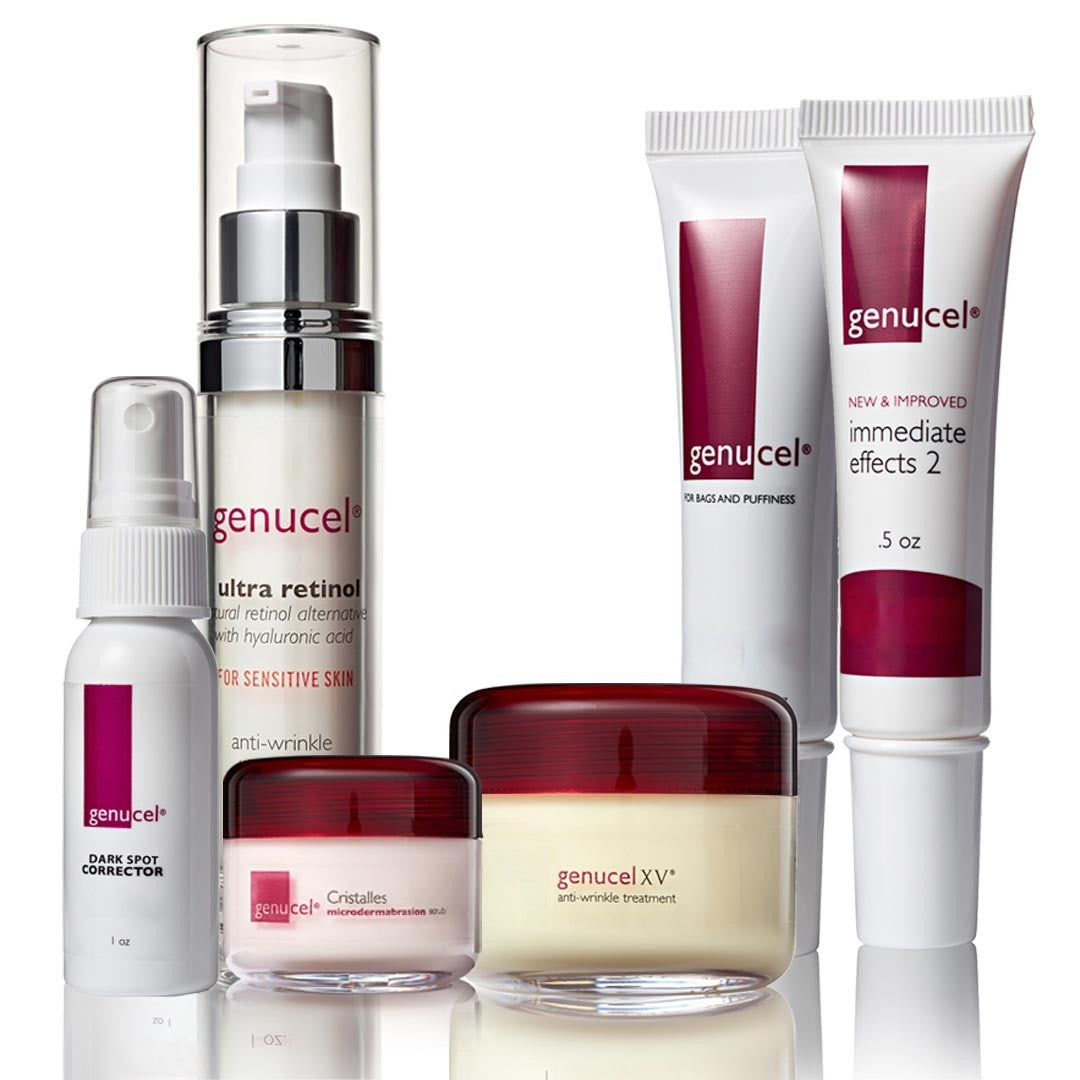 Genucel skincare product lineup on a white background