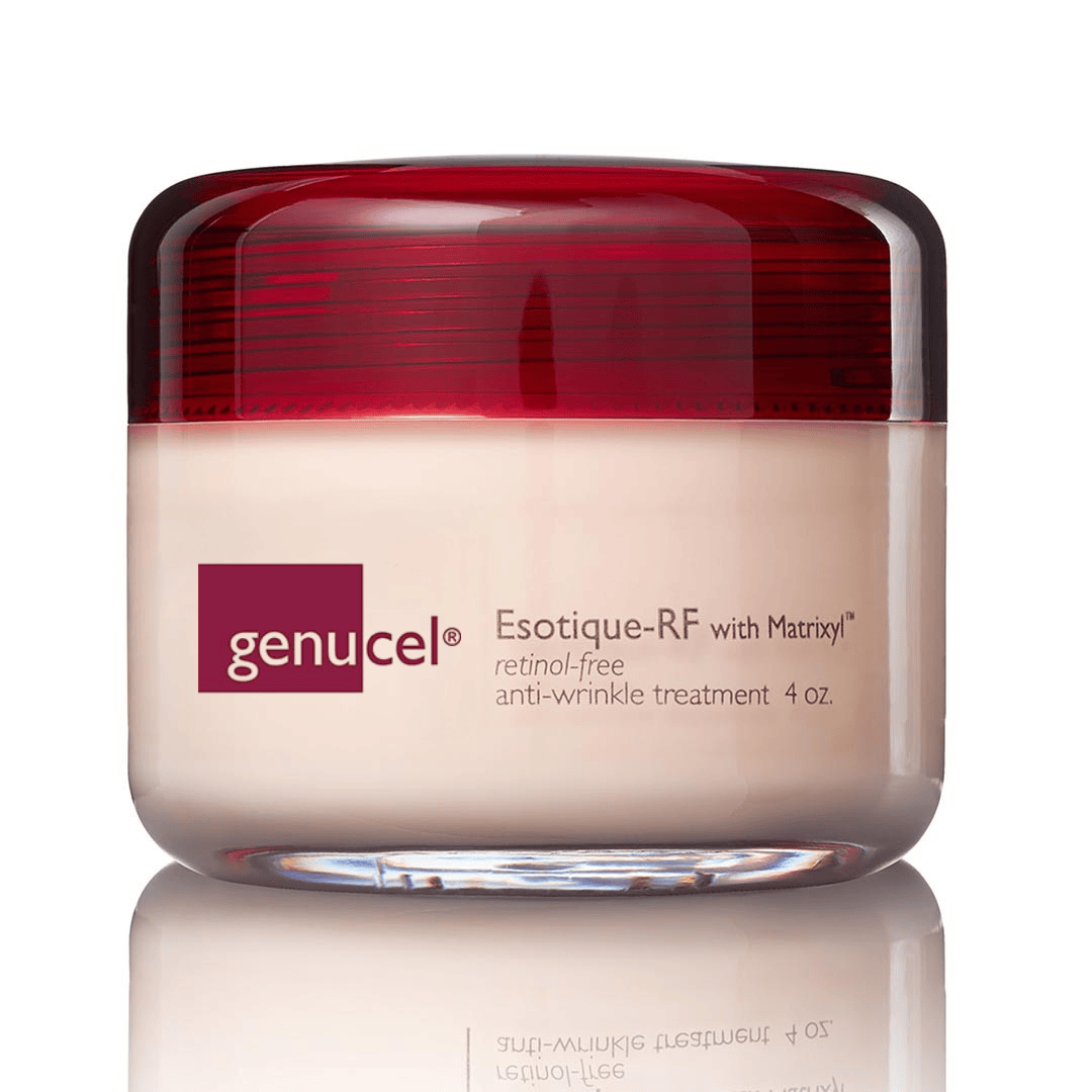 Genucel anti-wrinkle treatment jar with red lid on a white background