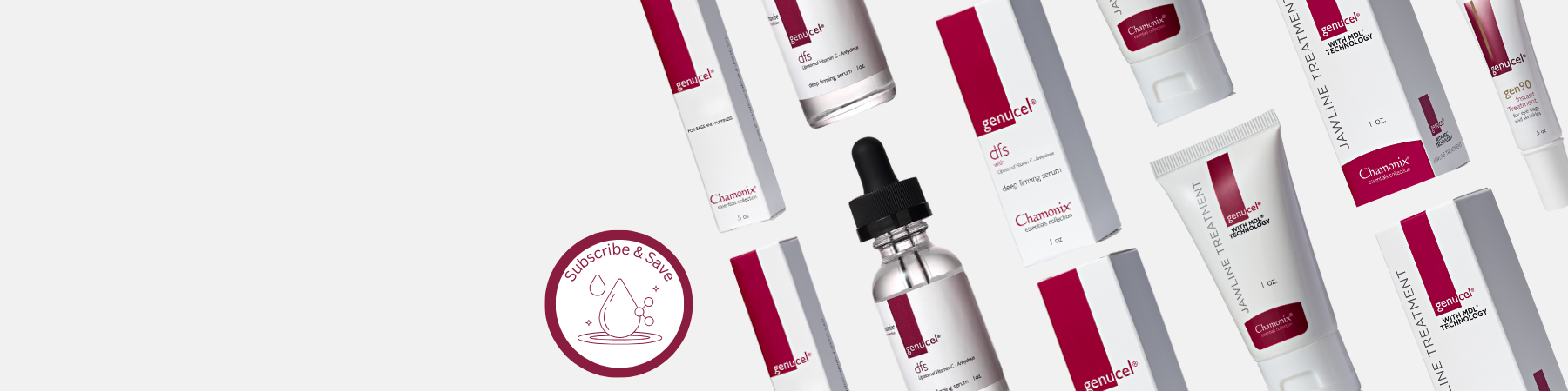 Collection of skincare products with a brand logo on a light gray background