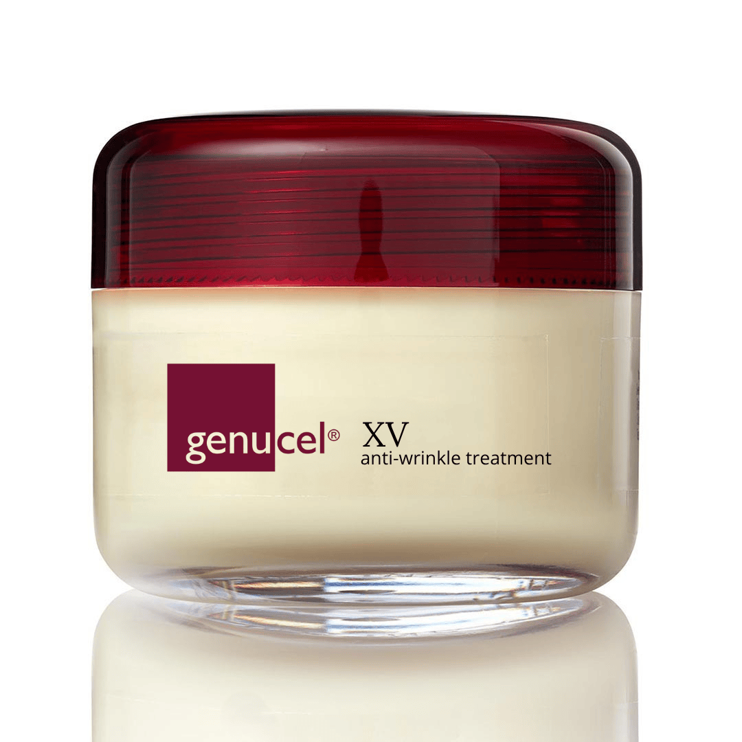 Genucel XV anti-wrinkle treatment jar with red lid on a white background