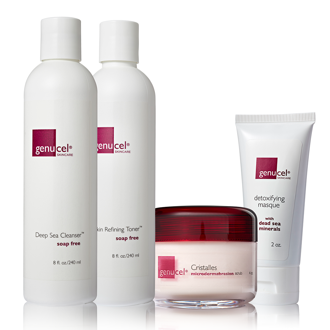 Genucel skincare products including bottles and a jar on a white background