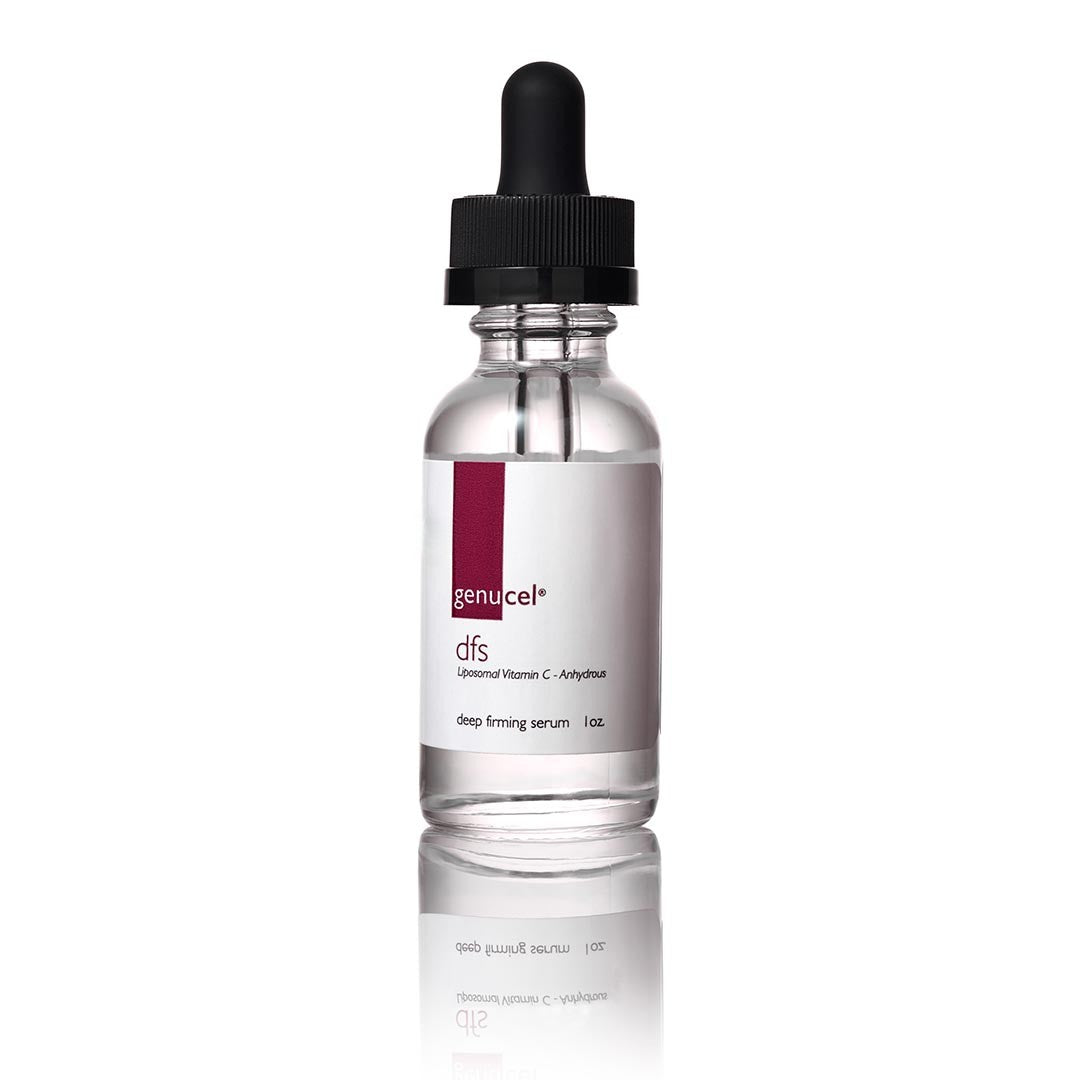 Genucel deep firming serum bottle with dropper on a white background