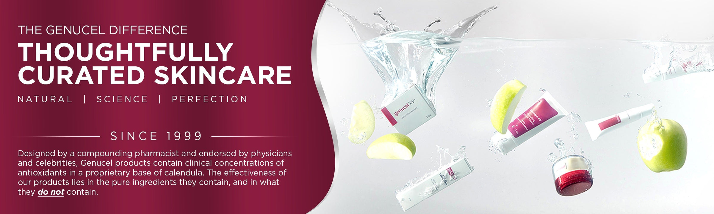 Genucel skincare products with a promotional banner on a white background