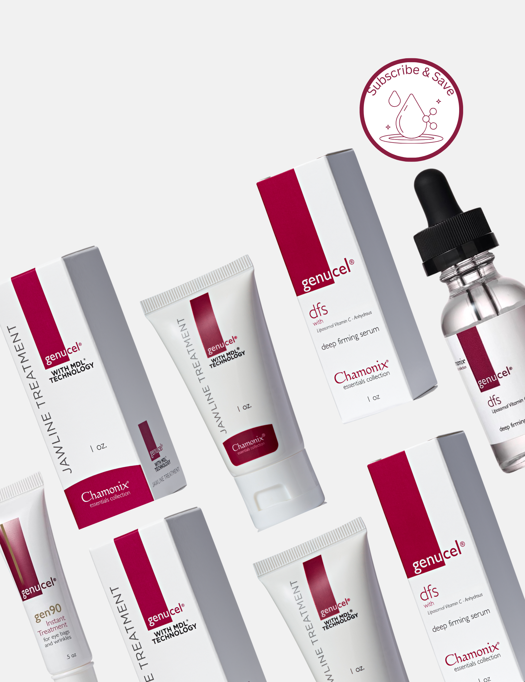 Genucel skincare products on a white background with a subscribe and save icon.
