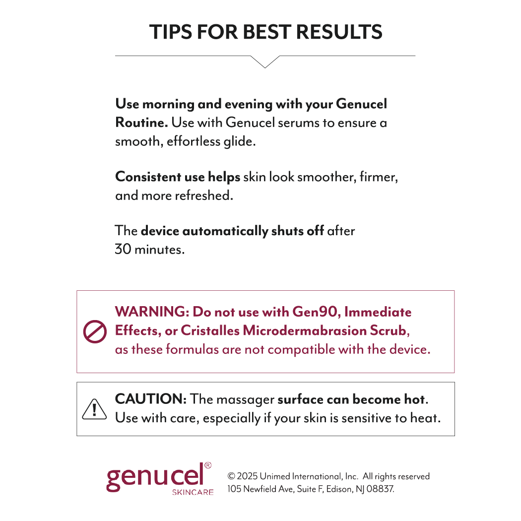 Genucel skincare product information sheet with tips for best results and usage instructions.