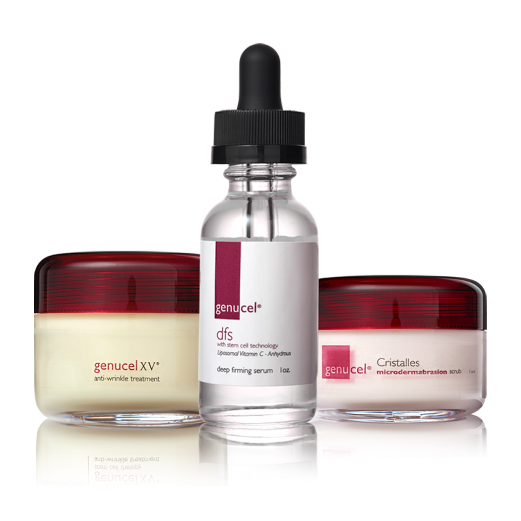 Genucel skincare products including a serum, cream, and face mask on a white background